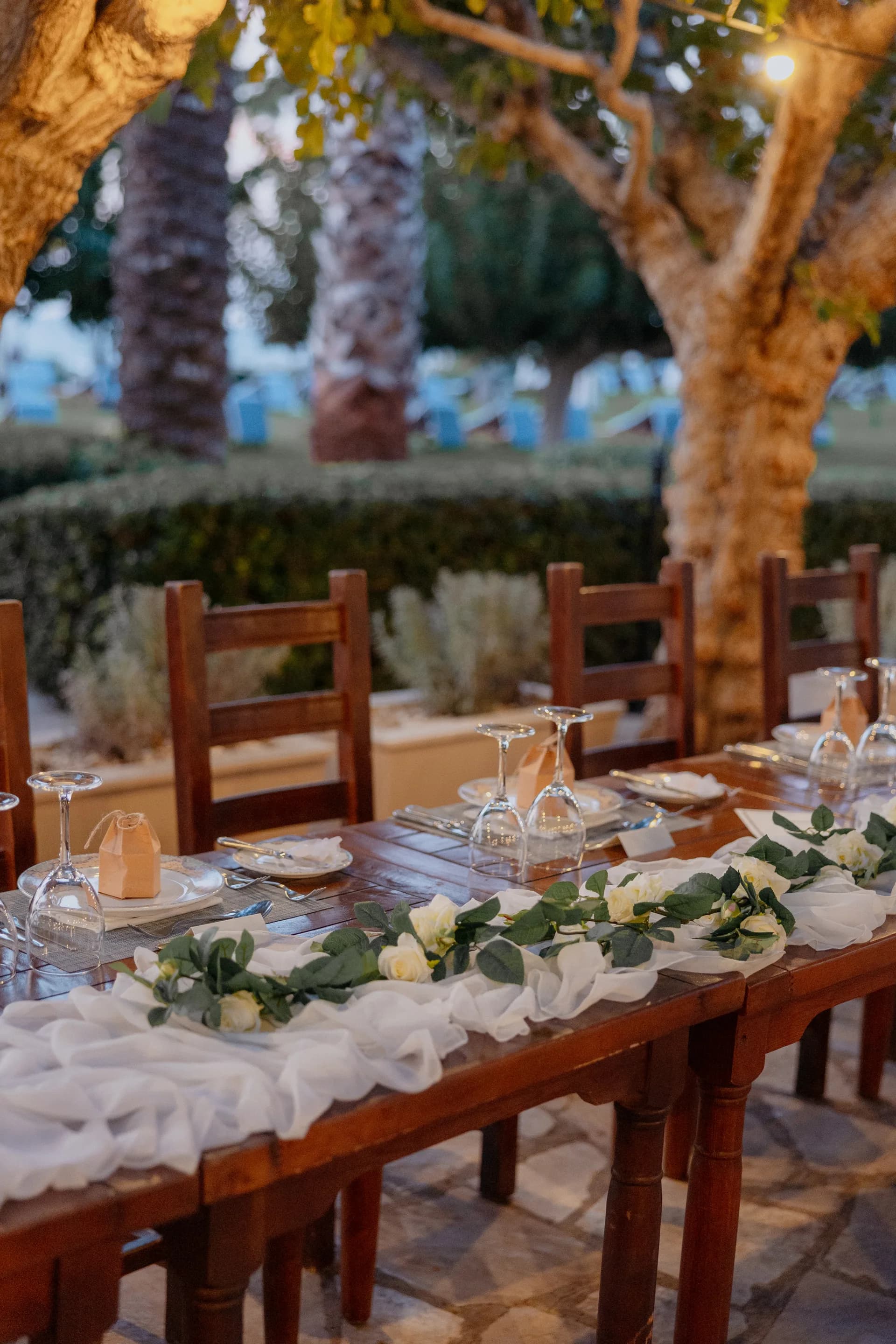 Chiffon and white rose table runner on a dark timber reception table beneath the Elysium’s festoon-lit trees