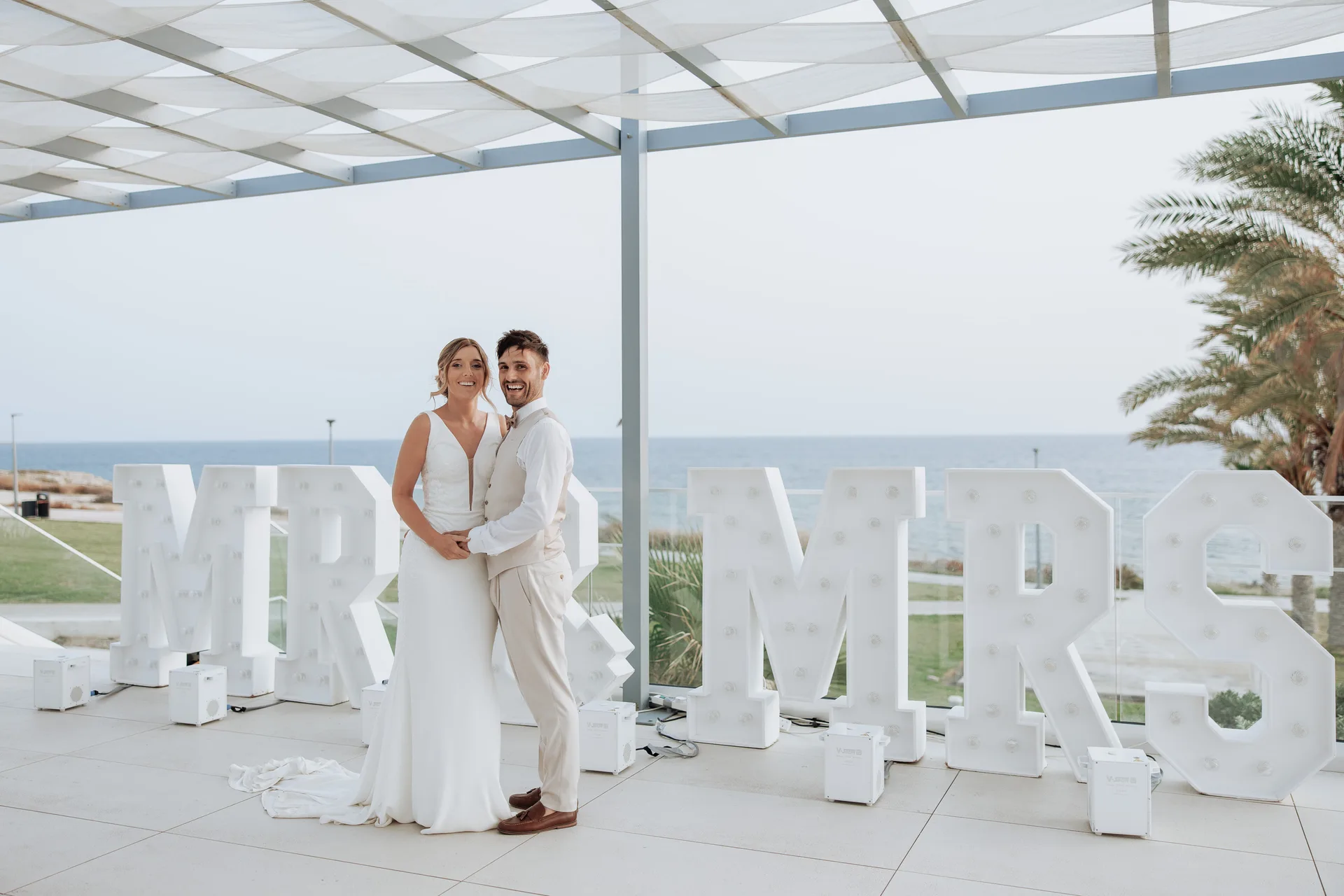 Giant light-up MR and MRS letters on King Evelthon’s sea-facing canopied terrace