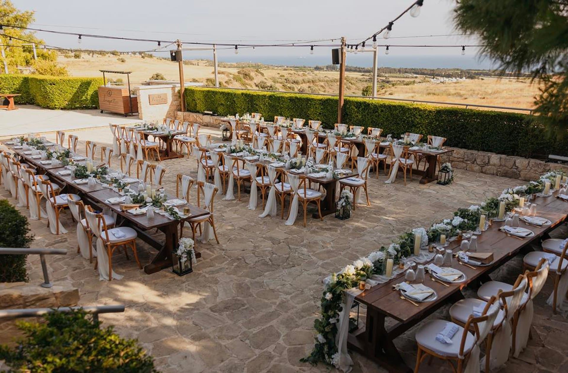Reception tables overlooking the sea at Liopetro, Cyprus