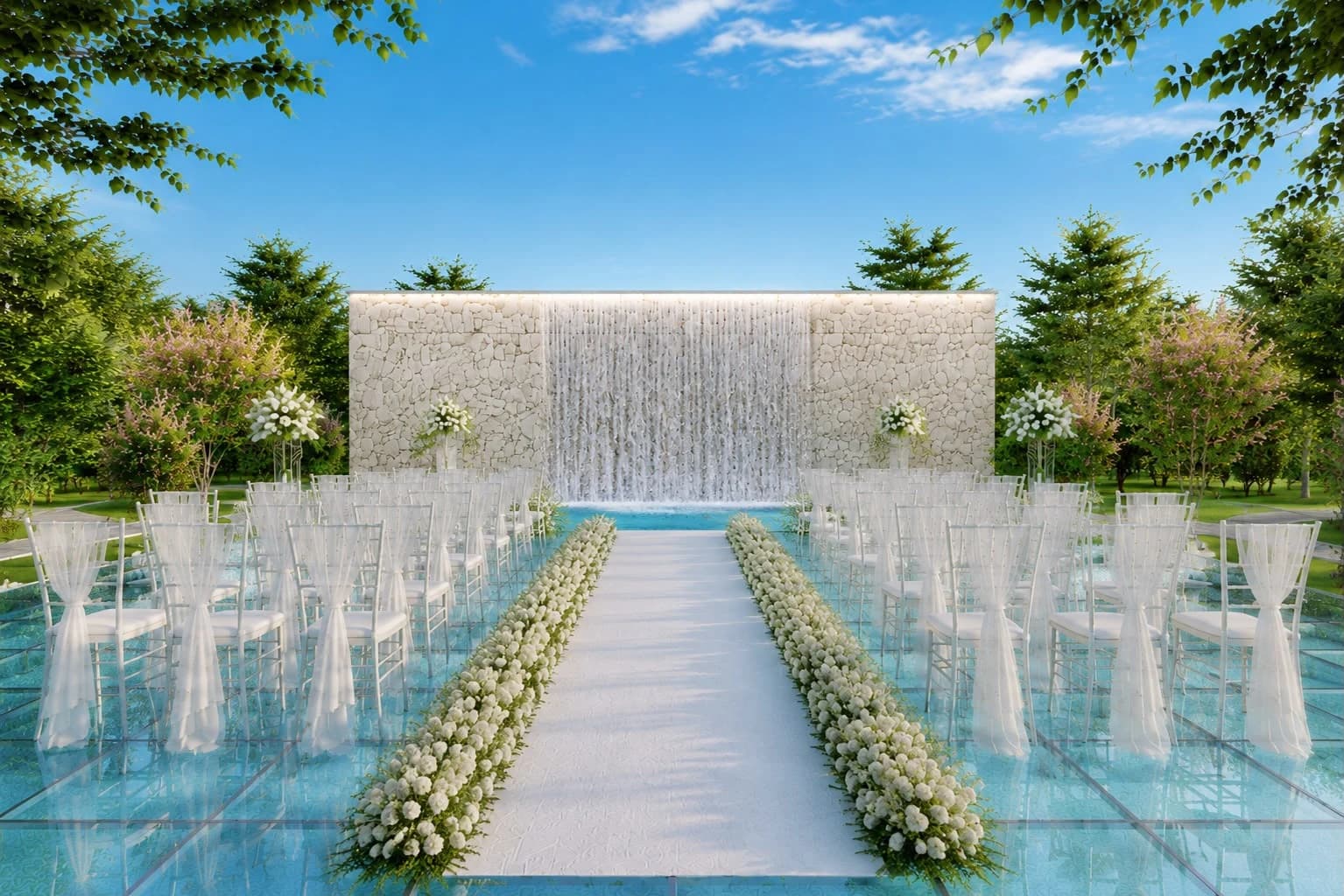 Illustrative waterfall ceremony design with white chairs and a flower-lined aisle