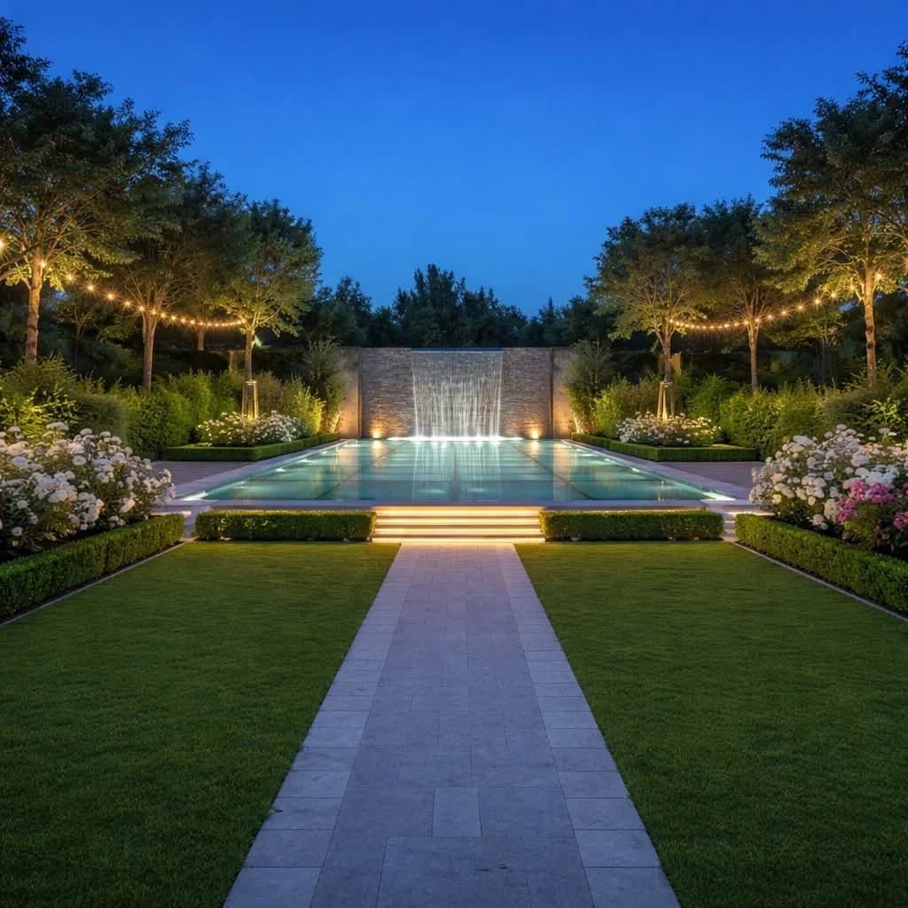 Illustrative garden design with an illuminated waterfall, pool and festoon lights at twilight