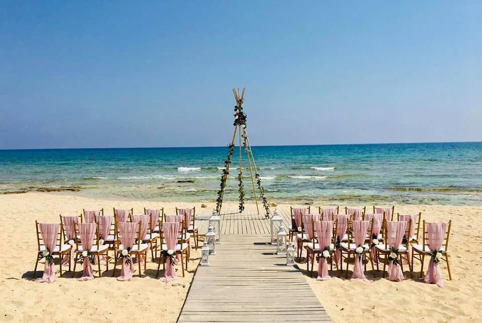 Shoreline ceremony setting at Sirenes Beach, Sotira, east Cyprus
