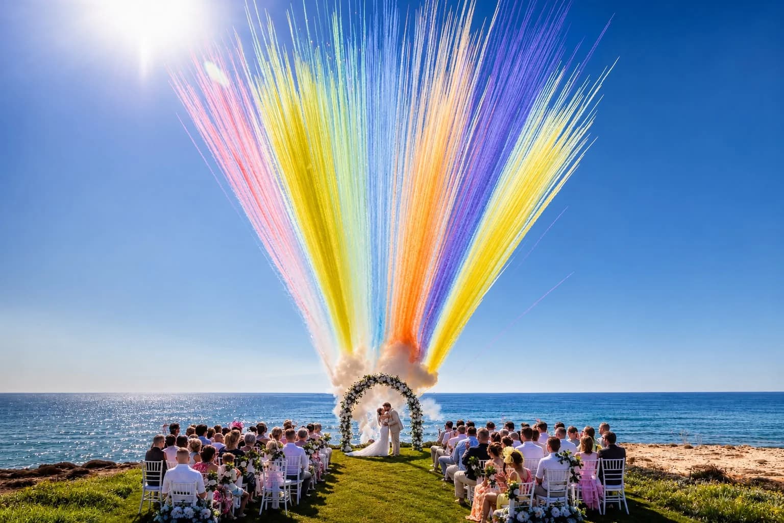 Colourful celebration display beside the sea at Alassos