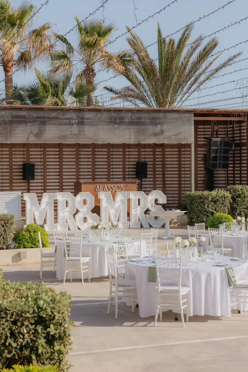 Outdoor reception tables at Alassos