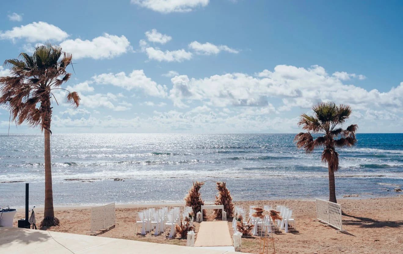 Beach wedding ceremony overlooking the Mediterranean at Kefalos Beach