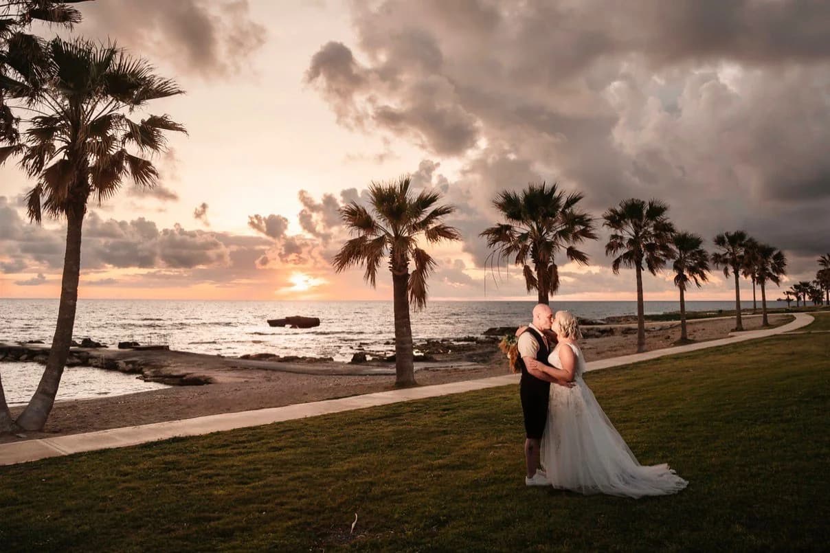 Sunset wedding portrait at Kefalos Beach