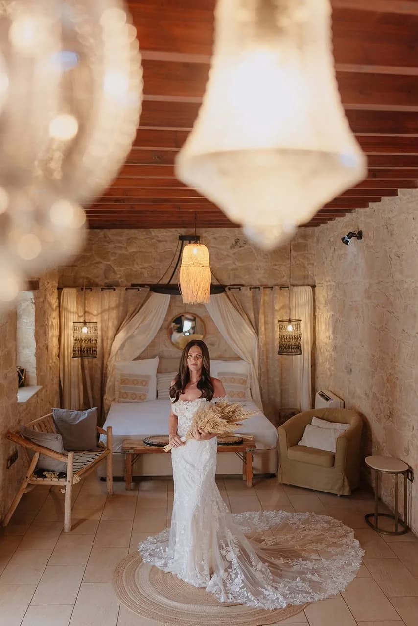 Bride inside the stone reception space at Liopetro
